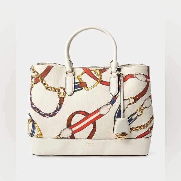 Ralph Lauren Handbags - NWT Lauren Ralph Lauren Marcy Equestrian Satchel in “Vanilla Sig Belting” Print